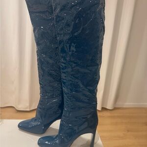 Tamara Mellon Legacy Over-The-Knee Boots Glossy Teal Blue Patent Leather